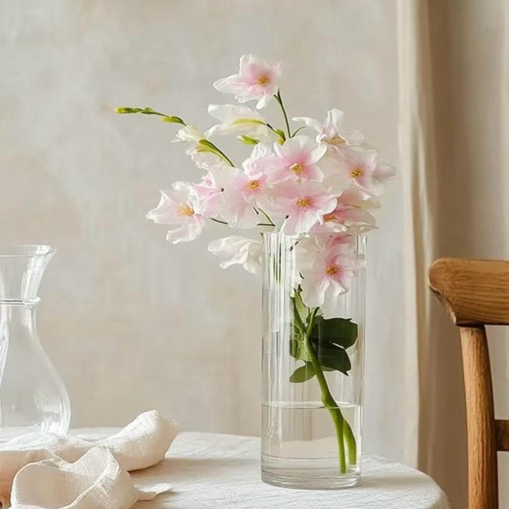 Set of 9 Transparent Glass Cylinder Vases, Each 8"